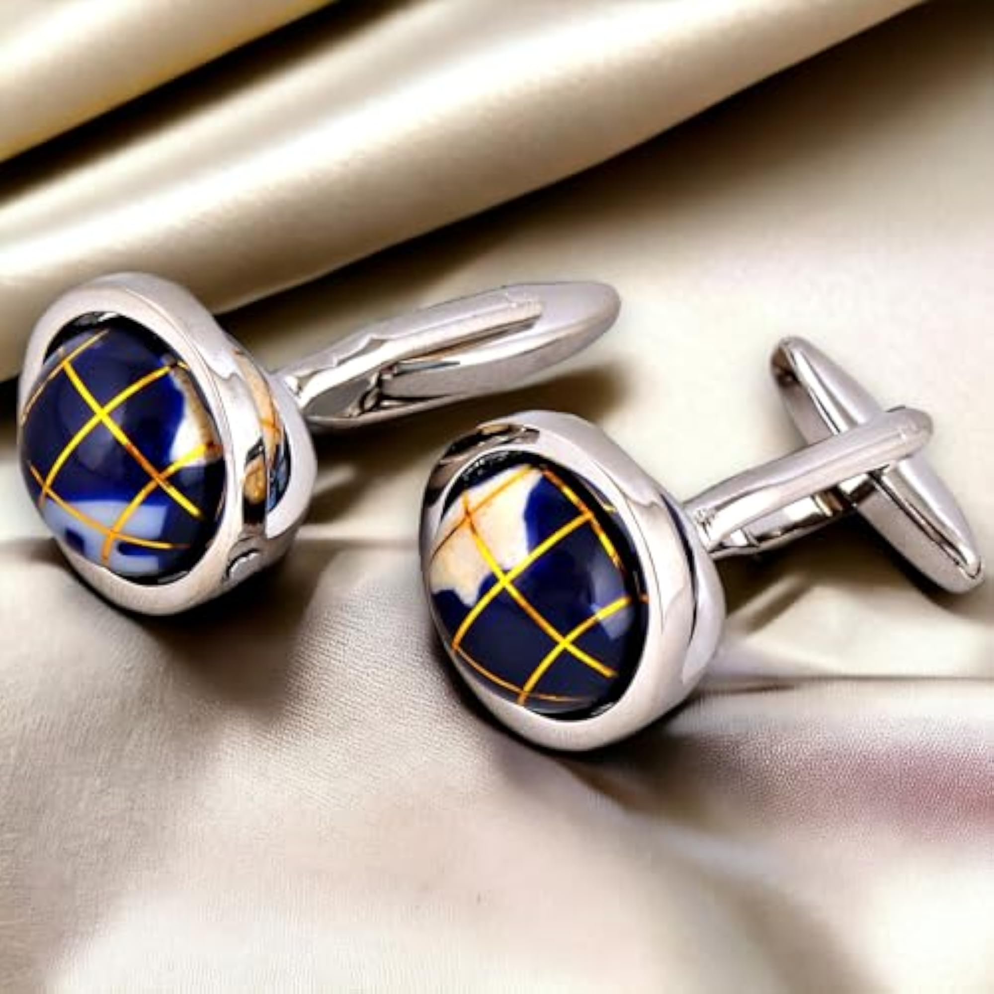 Men's Silver Plated Blue Globe Design Cufflinks